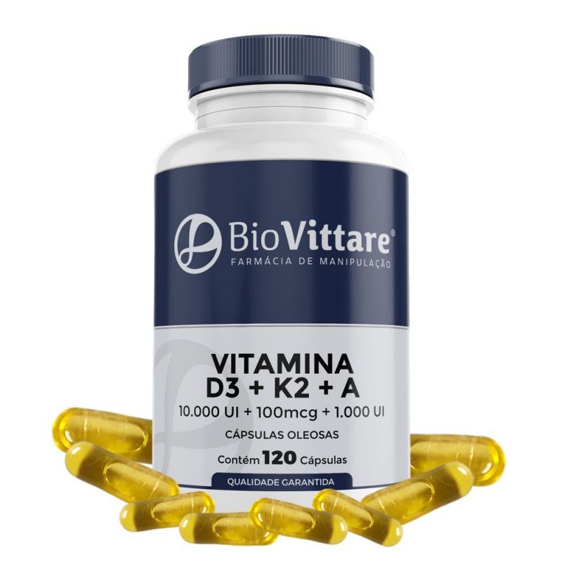 Vitamina D3 10.000 UI + K2 MK7 100mcg + Vitamina A 1.000 UI 120 Cápsulas Oleosas | Trio de Ouro 