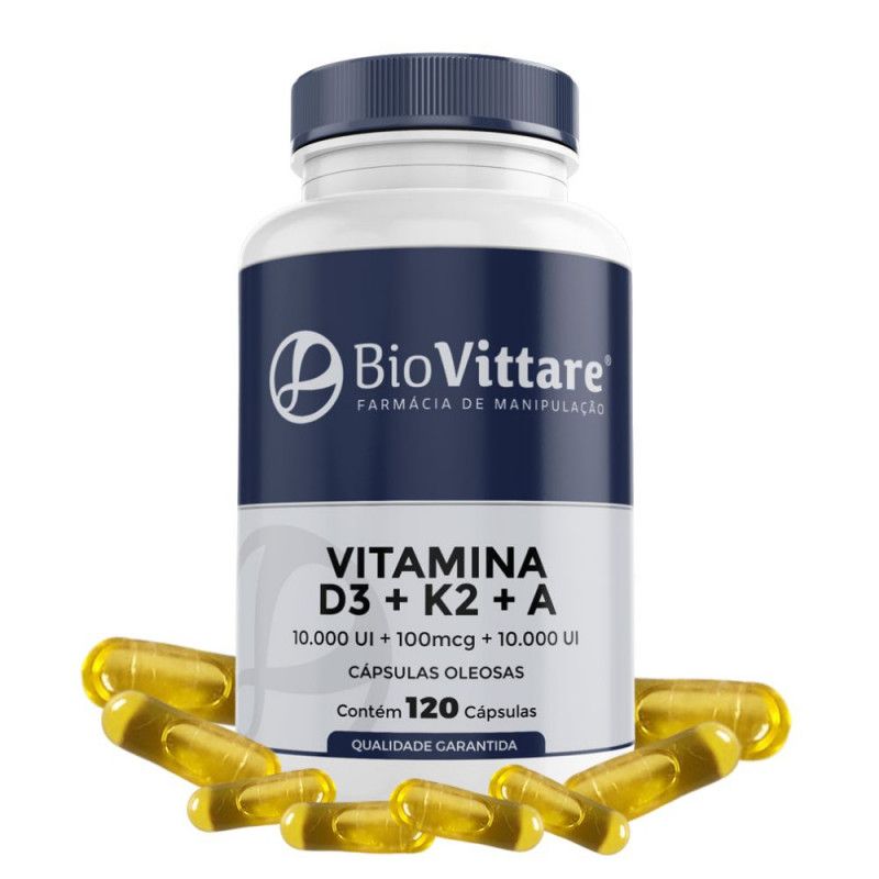 Vitamina D3 10.000 UI + K2 MK7 100mcg + Vitamina A 10.000 UI 120 Cápsulas Oleosas | Trio de Ouro