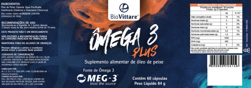 Ômega 3 Plus BioVittare - Alto EPA e DHA - Selo MEG-3 - 60 Softgels