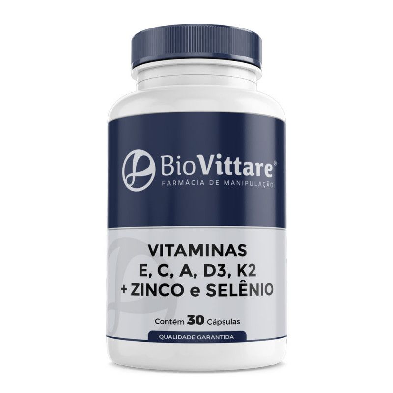 Vitaminas E, C, A, D3, K2 + Zinco e Selênio Quelatos 30 Cápsulas