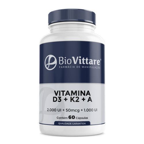 Vitamina D3 2.000 UI + K2 MK7 50mcg + Vitamina A 1.000 UI 60 Cápsulas - Trio de Ouro da Saúde